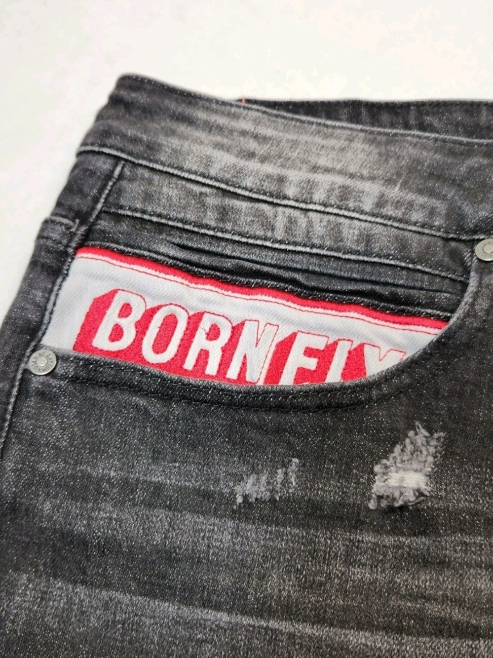 Born Fly Mens Size 36 Shorts Denim Distressed Cutout Patch Design Black Wash 04 - Picture 5 of 14